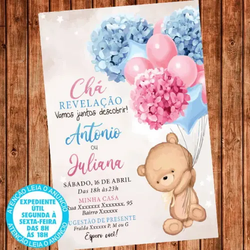 Convite Chá Revelação Ursinhos Urso Azul E Rosa Digital