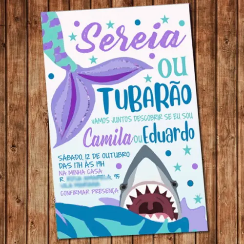 Convite Chá Revelação Sereia e Tubarão Digital