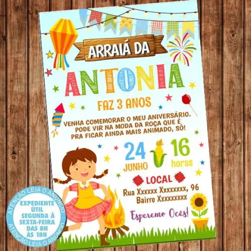 Convite Festa Junina Aniversário Menina Digital 2