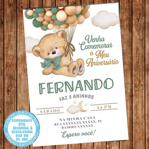 Convite Aniversário Ursinho Balões Urso Balão Festa Digital