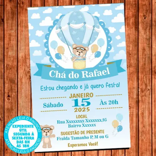 Convite Chá De Bebê Ursinho Baloeiro Digital Chá De Fraldas
