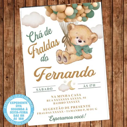 Convite Chá de Fraldas Ursinho Balões Urso Balão Digital