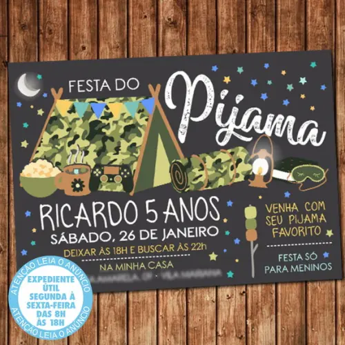 Convite Festa do Pijama Camuflada Aniversário Digital