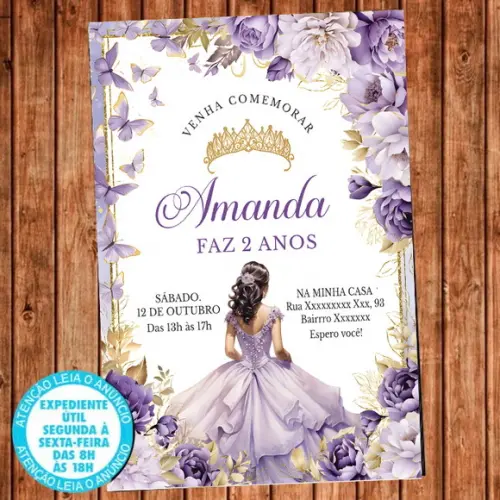 Convite Princesa Festa Aniversário Coroa Digital
