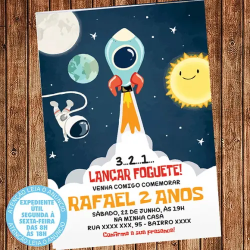 Convite Astronauta Aniversário Foguete Digital