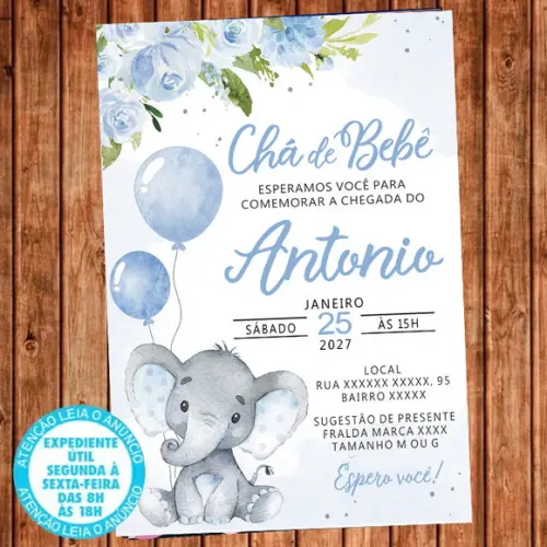Convite Chá de Bebê Elefantinho Chá Fraldas Elefante Digital