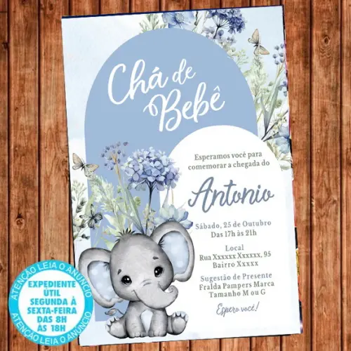 Convite Chá de Bebê Elefante Chá Fraldas Elefantinho Digital