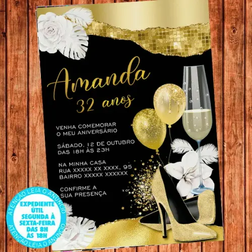 Convite Balões Aniversário Glitter Festa Dourado