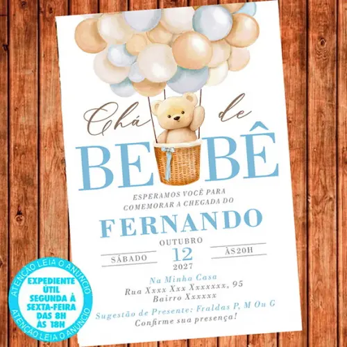 Convite Cha de Bebe Ursinho Baloeiro Digital Cha de Fraldas