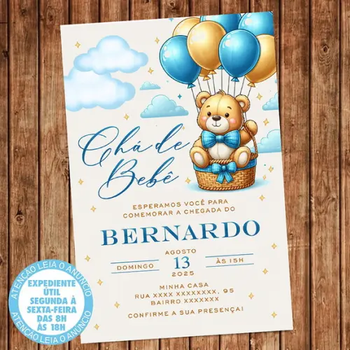 Convite Chá de Bebê Ursinho Balão Balões Chá Fraldas Digital