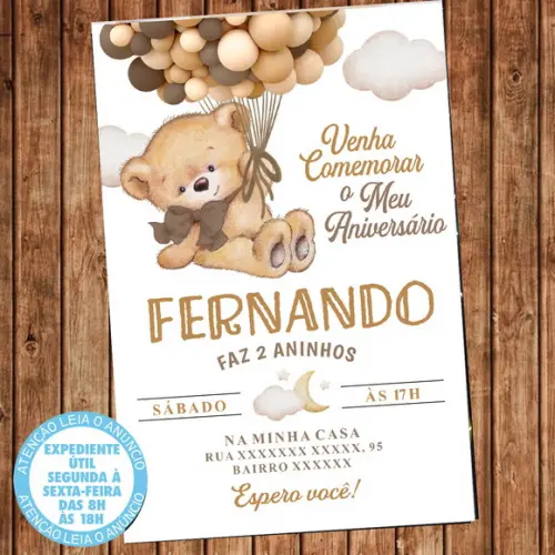 Convite Aniversário Ursinho Balões Urso Balão Festa Digital