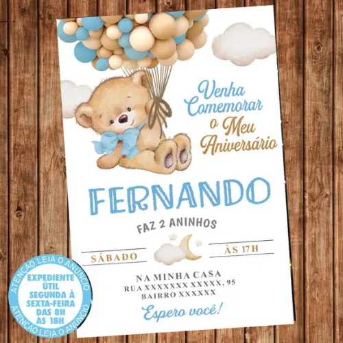 Convite Aniversário Ursinho Balões Urso Balão Festa Digital