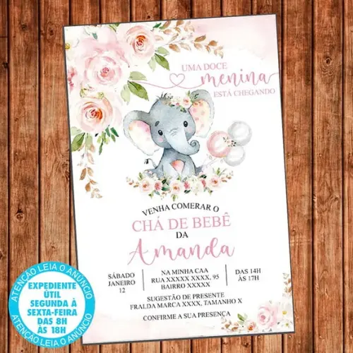 Convite Chá de Bebê Elefantinho Chá Fraldas Elefante Digital