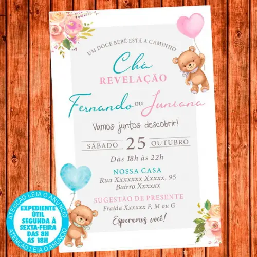 Convite Chá Revelação Ursinhos Rosa e Azul Digital