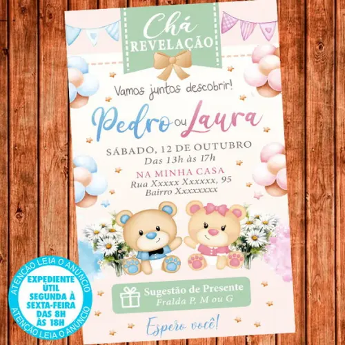 Convite Chá Revelação Urso Ursinhos Digital