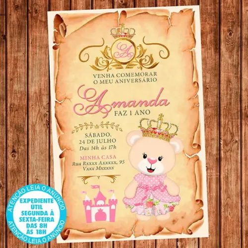 Convite Aniversário Ursinha Princesa Festa Digital