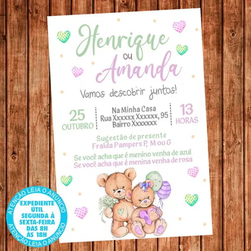Convite Chá Revelação Ursinho Urso Digital