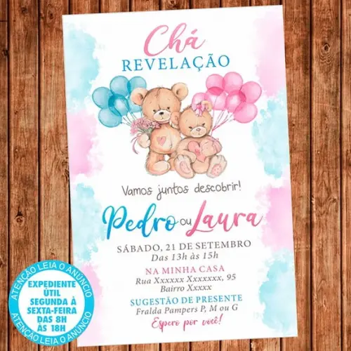 Convite Chá Revelação Ursinho Urso Digital