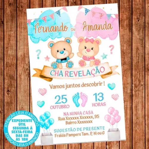 Convite Chá Revelação Ursinho Urso Digital
