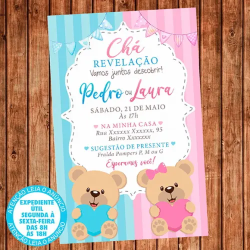 Convite Chá Revelação Ursinho Urso Digital