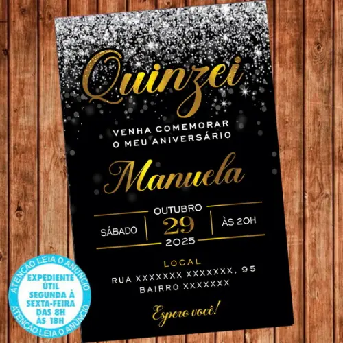 Convite 15 Anos Aniversário Festa Quinzei Prata e Dourado