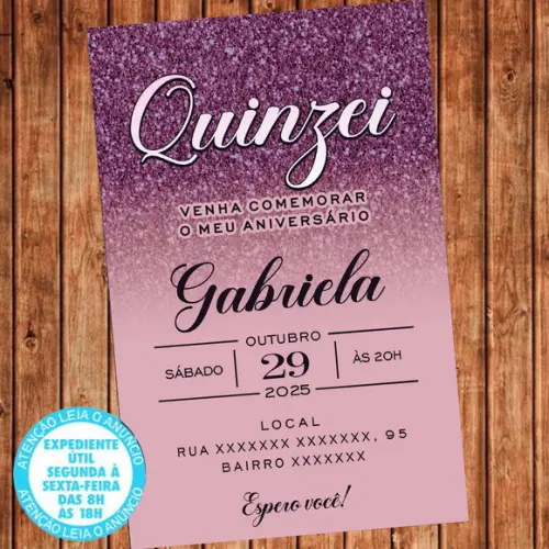 Convite 15 Anos Aniversário Festa Quinzei Roxo e Rosa