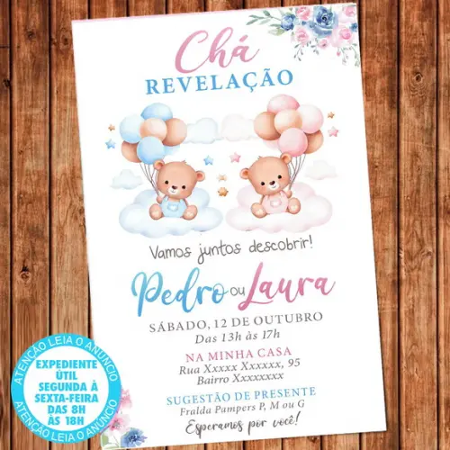 Convite Chá Revelação Ursinhos Digital