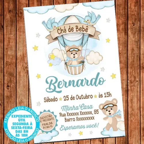 Convite Chá de Bebê Ursinho Balão Chá Fraldas Digital