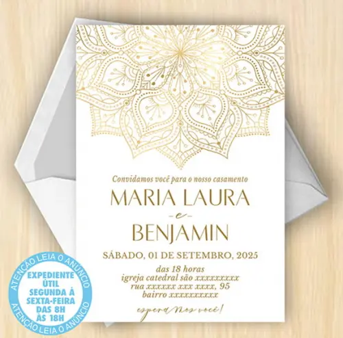 Convite Casamento Branco e Dourado Digital 43