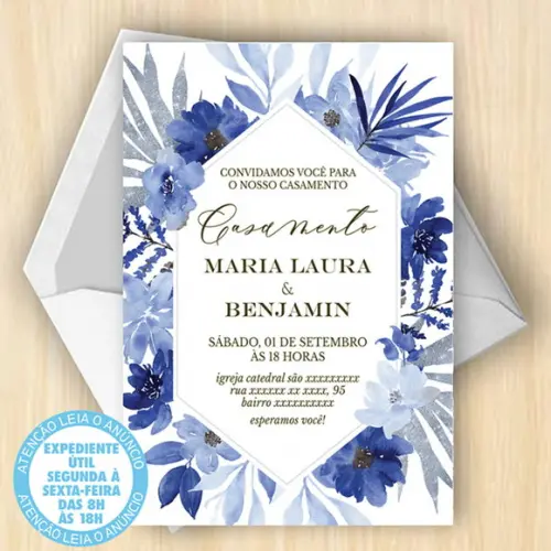 Convite Casamento Floral Azul Digital 27