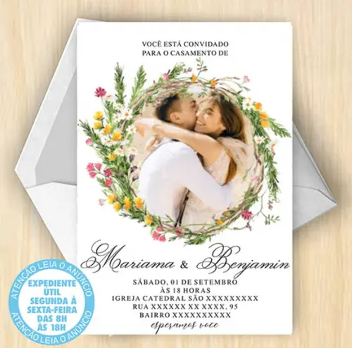 Convite Casamento Floral com Foto Digital 37