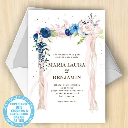 Convite Casamento Floral Azul Digital 24