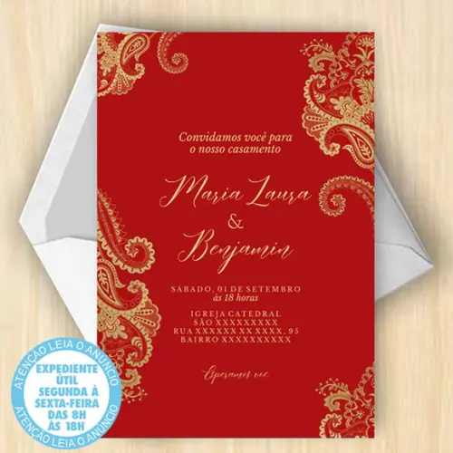 Convite Casamento Vermelho e Dourado Digital 20