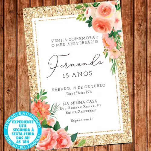 Convite Floral Festa Aniversário Dourado Digital