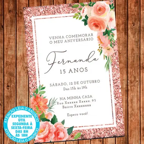 Convite Floral Festa Aniversário Rosa Digital