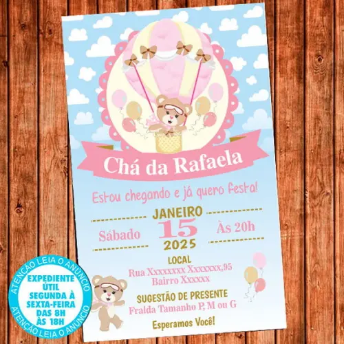 Convite Chá De Bebê Ursinha Baloeira Azul Chá Fralda Digital