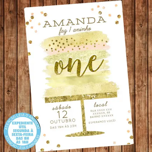 Convite Bolo Glitter Dourado Aniversário Festa Digital