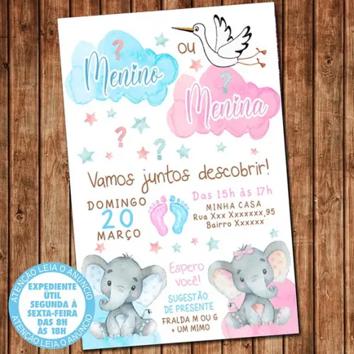 Convite Chá Revelação Elefantinho Digital