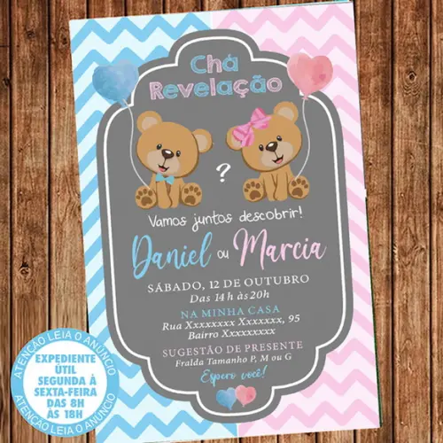 Convite Chá Revelação Urso Digital