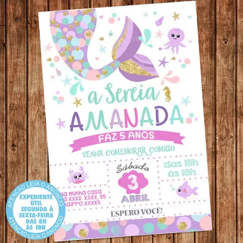 Convite Sereia Aniversário Festa Sereia Digital