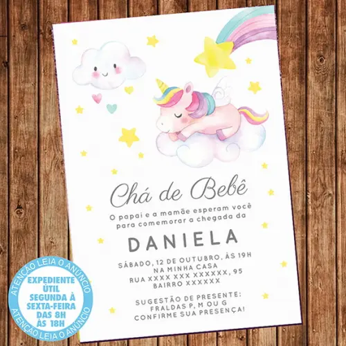 Convite Chá de Bebê Unicórnio Nuvem Digital