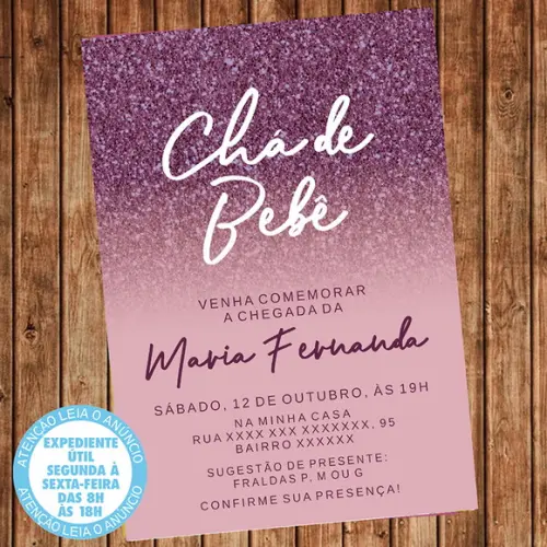 Convite Chá de Bebê Glitter Rosa