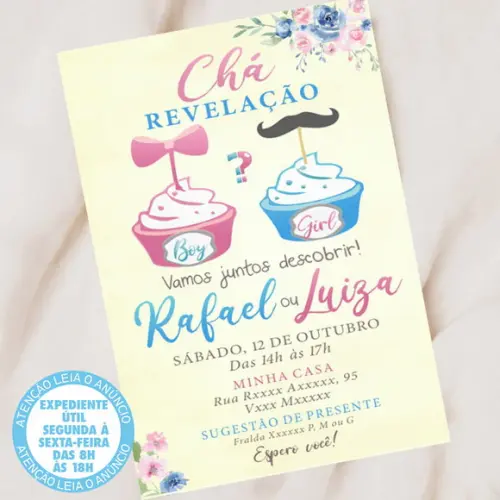 Convite Chá Revelação Cupcake Digital