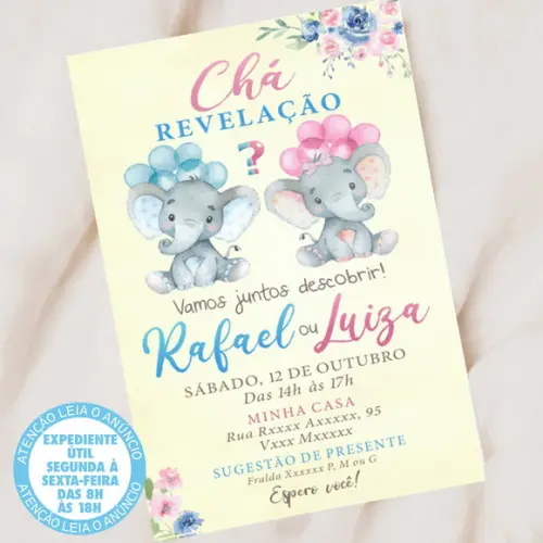 Convite Chá Revelação Elefantinhos Digital