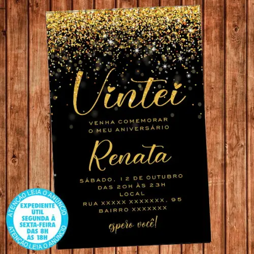 Convite 20 Anos Aniversário Festa Vintei Dourado Digital