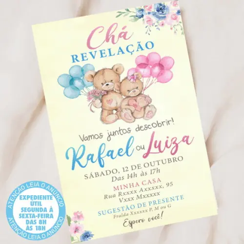 Convite Chá Revelação Ursinhos Digital