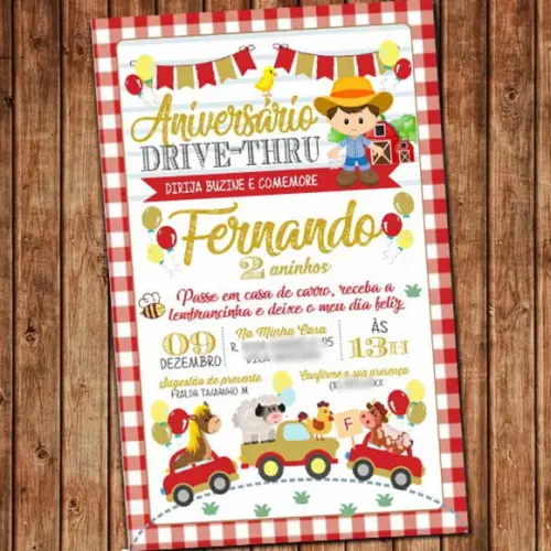Convite Fazendinha Aniversário drive-thru carreata Digital