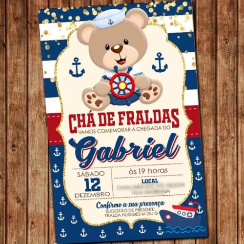 Convite Chá de Fraldas Ursinho Marinheiro Digital