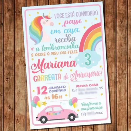 Convite Unicórnio Carreata Drive-thru Aniversário Quarentena