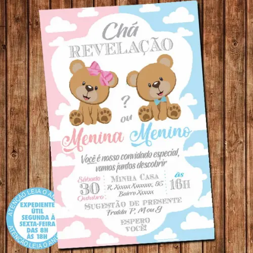 Convite Chá Revelação Ursinho Digital